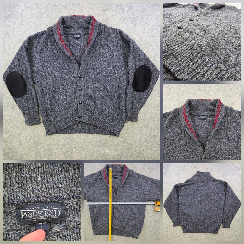 VTG Lands' End Sweater Mens Large Gray Wool Knit Shawl Collar Cardigan USA